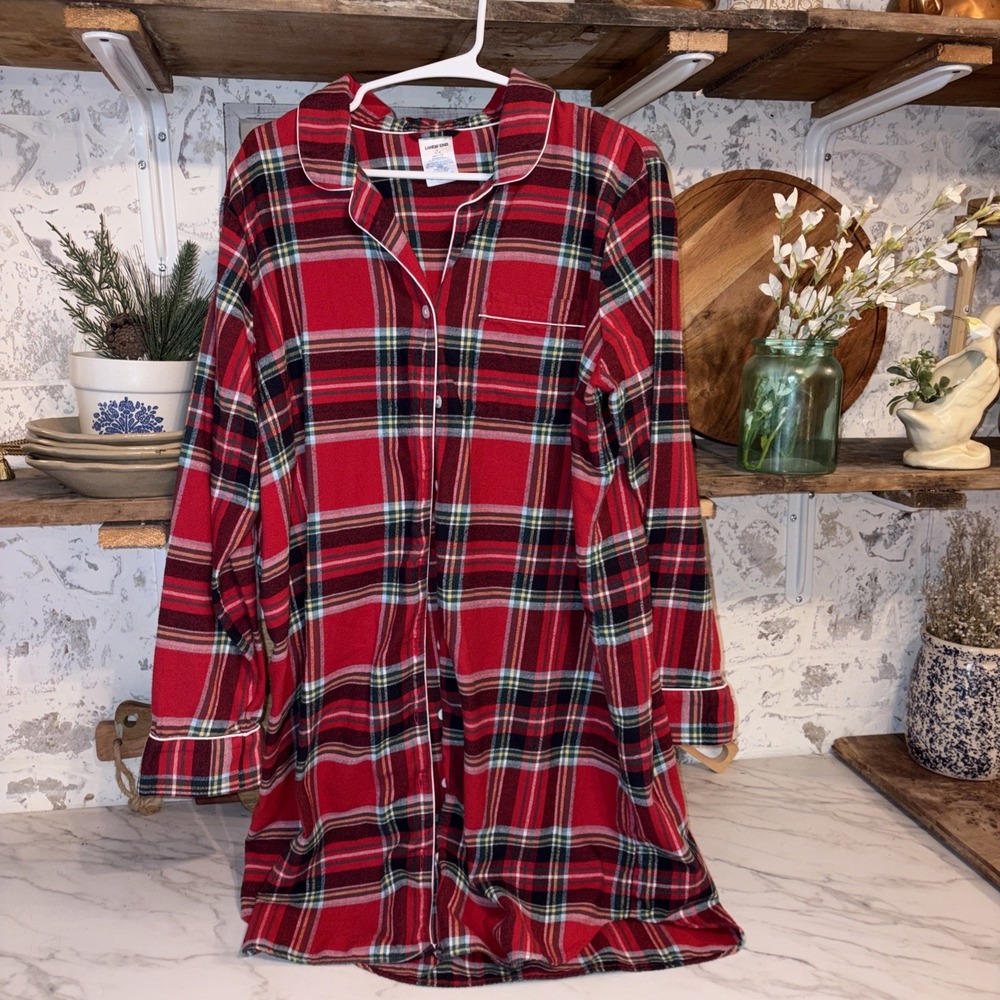 Lands End Woman's Cozy 100% Cotton Plaid Flannel Sleep Lounge Shirt Size L